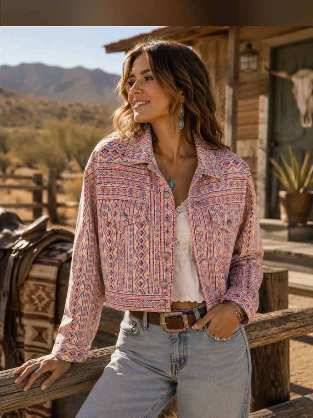 Savanna Jane Pink Multicolor Patterned Cropped corduroy Jacket
